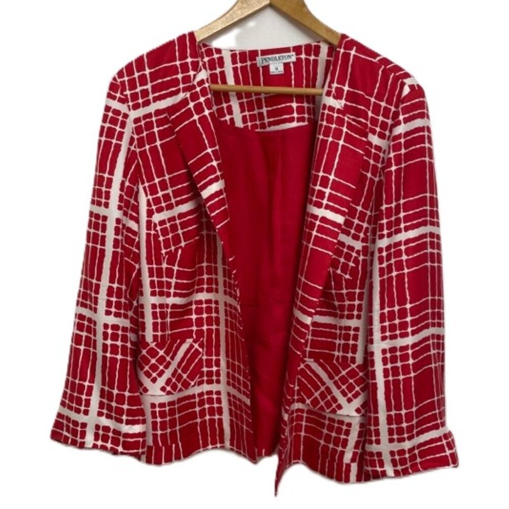 Pendleton Silk Lady Jacket Sz 18 Open Front Red & White Lined Geometric Pockets